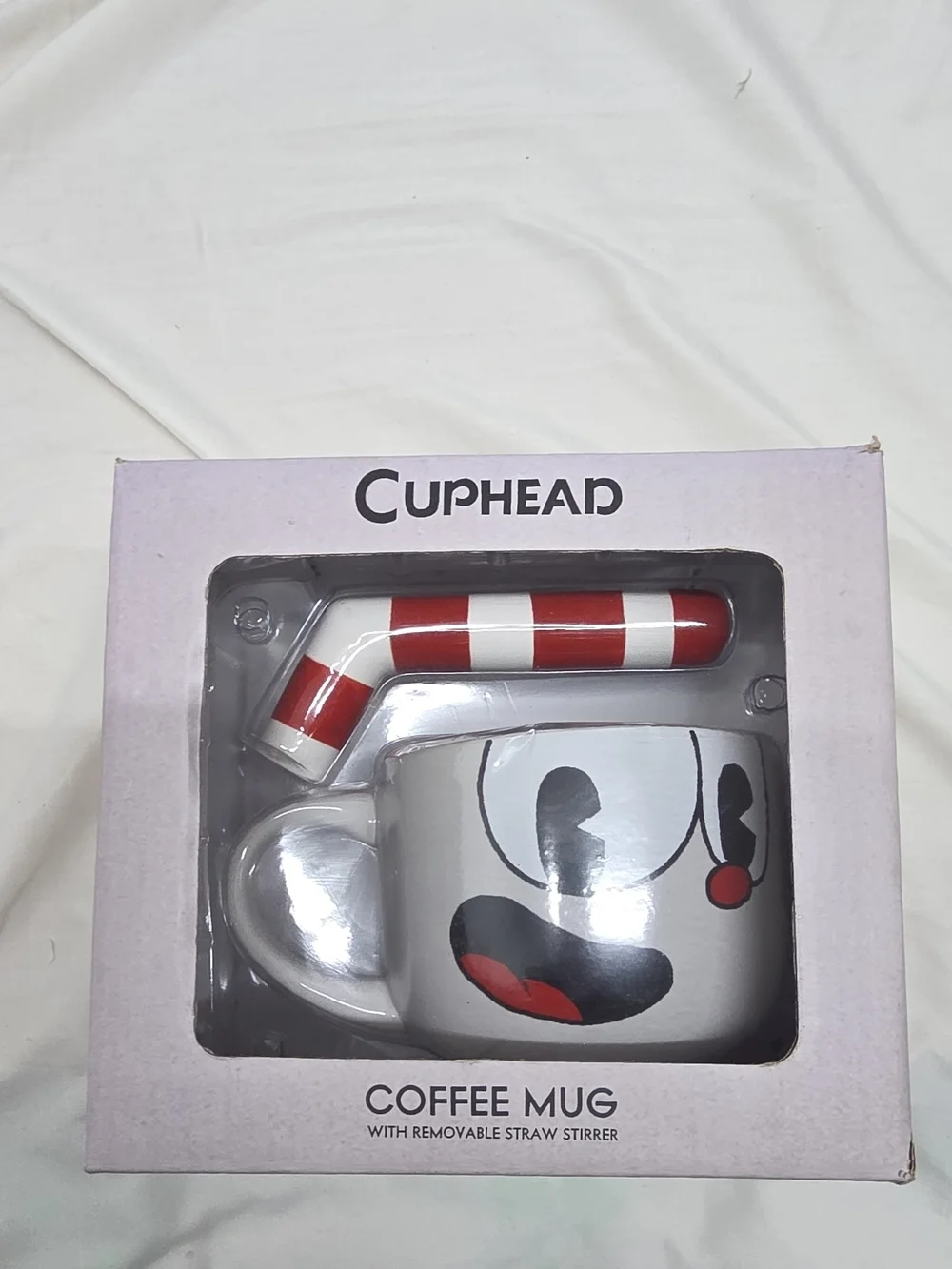 White Ceramic Coffee Mug with Red-Striped Removable Straw